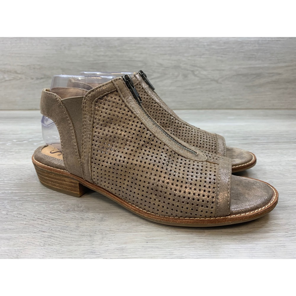 Sofft Metallic Taupe Leather Perforated Zip Front Sandals Women's 9 Shoes